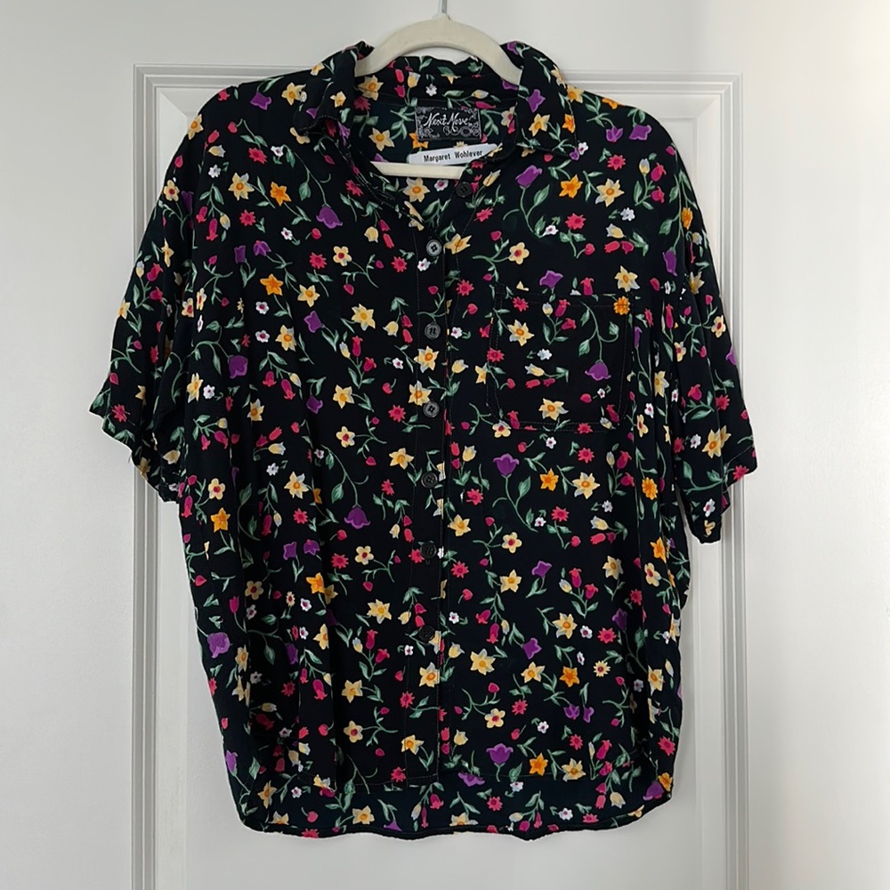🌼 Vintage 90s Black Ditsy Floral Button Up Blouse Colorful Relaxed Fit